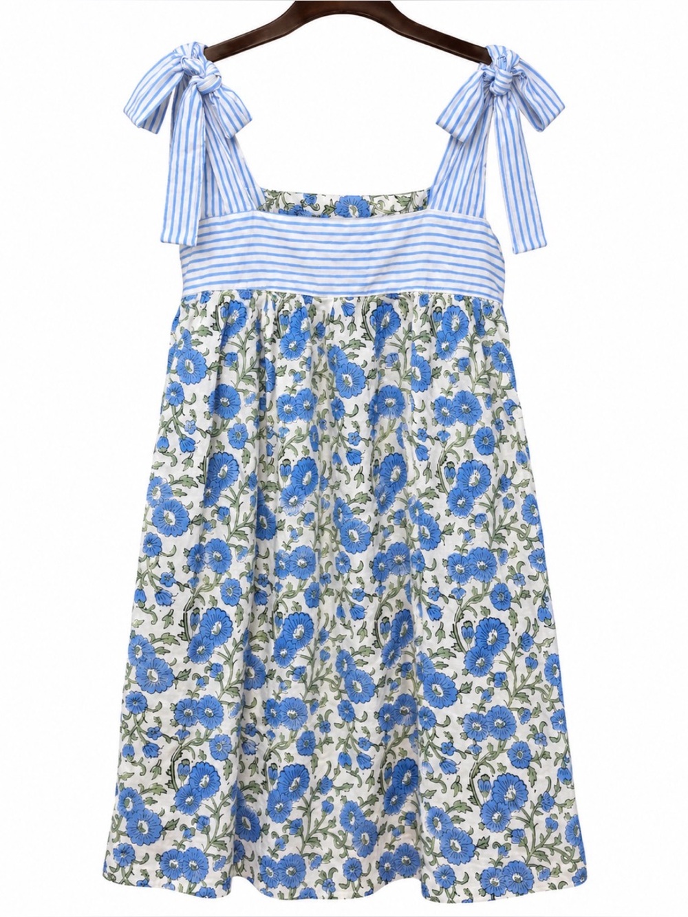 Darling x Olivia Stallings Blue Floral Block Print Tie Strap Cotton Dress S
